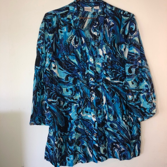 Emma James Top Blue‎ Swirl Print Top Pleated Ruffle Blouse Button Down Blouse - Picture 6 of 10